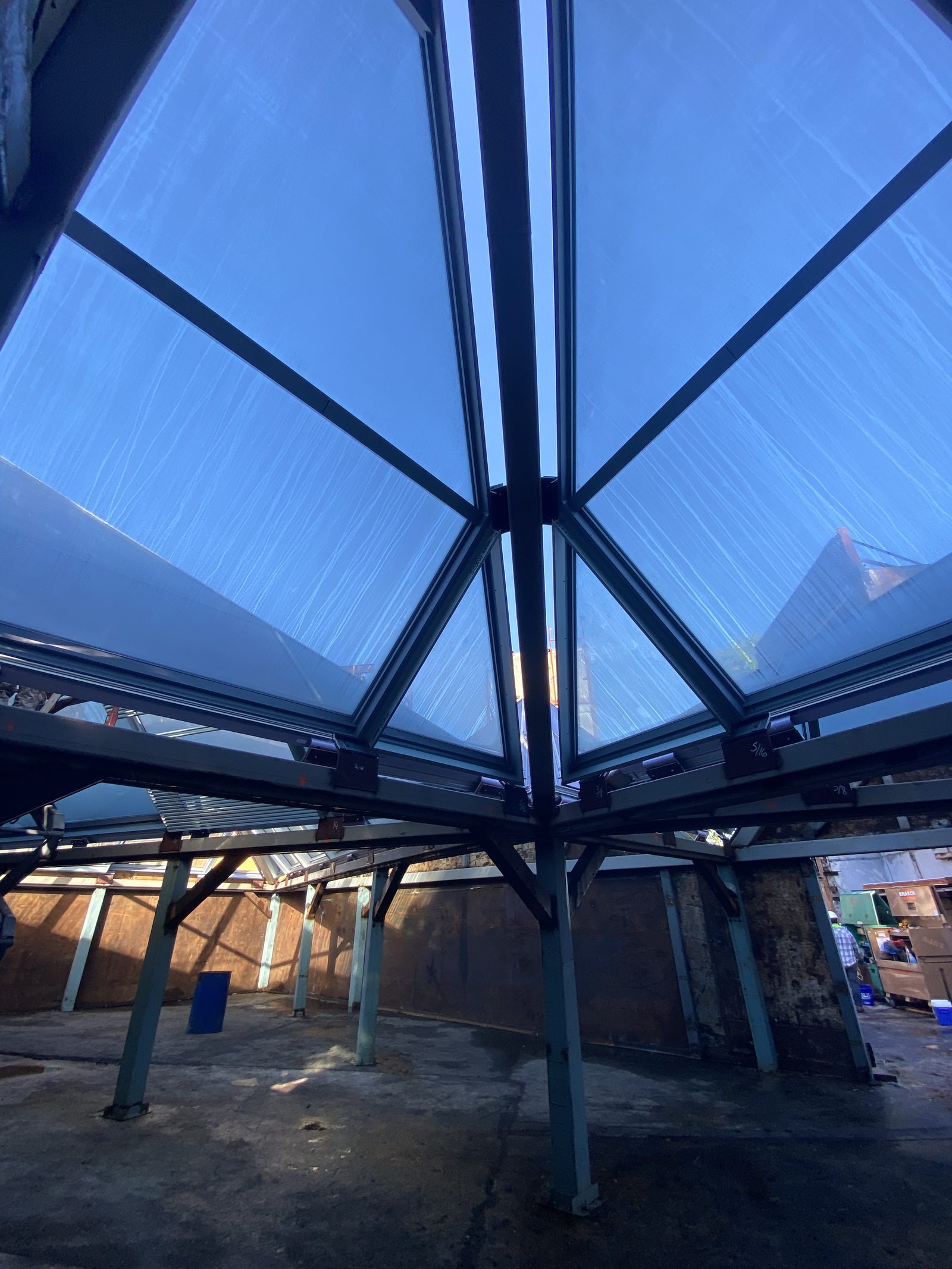 Inside the performance mockup, looking up through the glazing